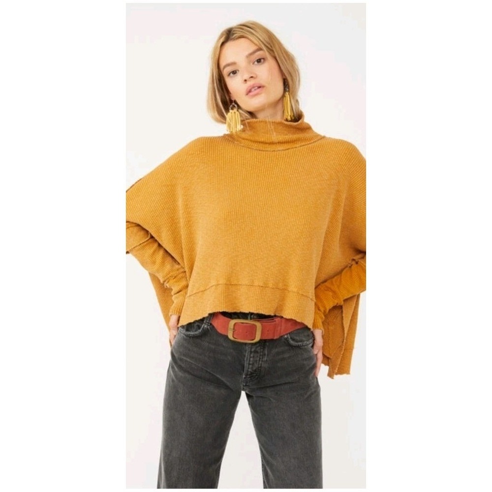 We The Free People Waffle Knit Thermal Turtleneck Ochre Mustard XS Oversized